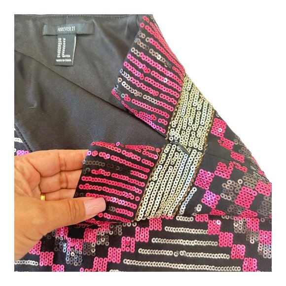 Forever 21 Women Mini Skirt SZ M Black-Pink Sequined-Side Zip Cocktail-Party Nig - Picture 7 of 9